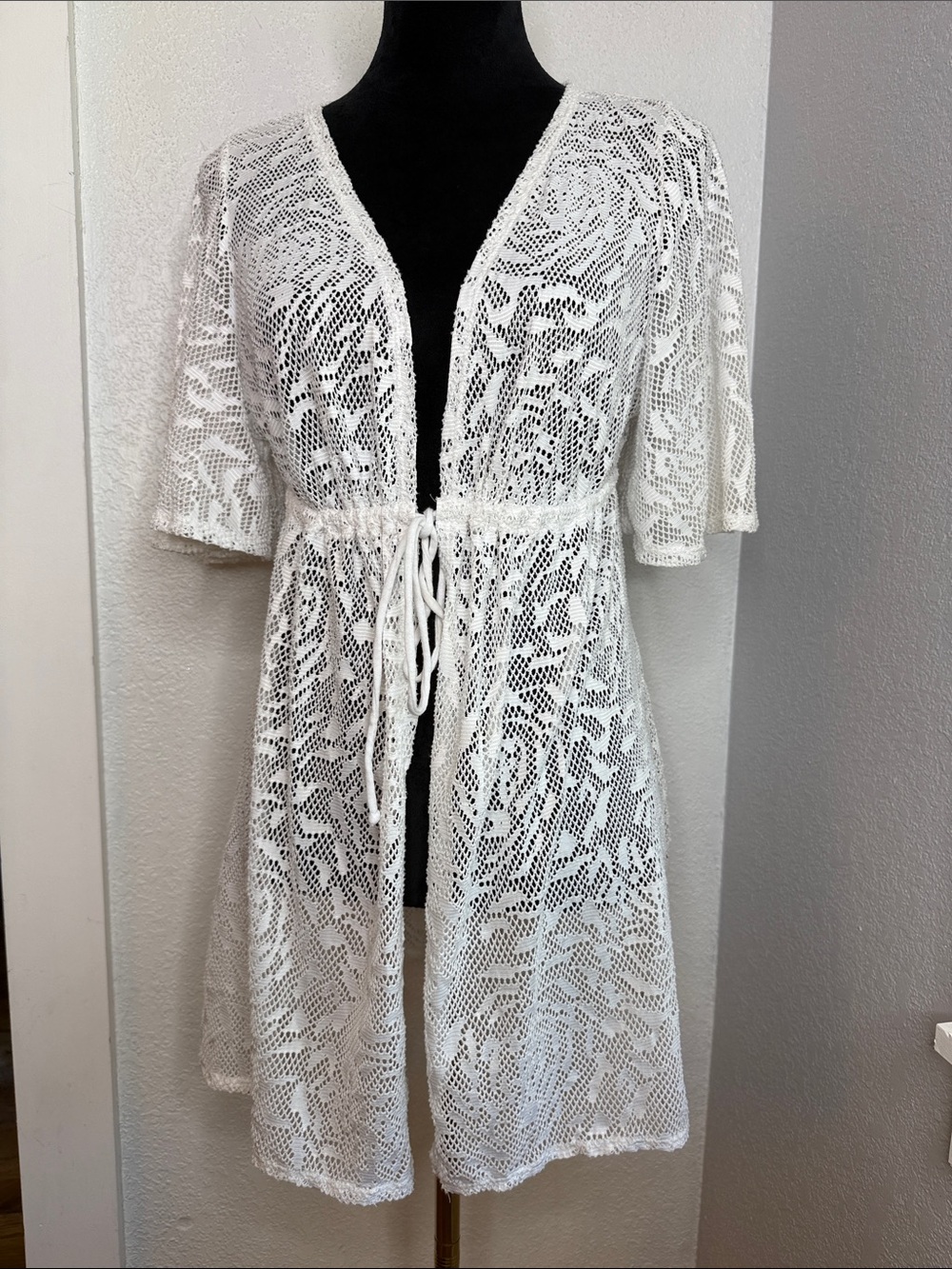 Catalina White Crochet Lace Swim Cover Up Dress Tie Waist Size L Poolside Beach